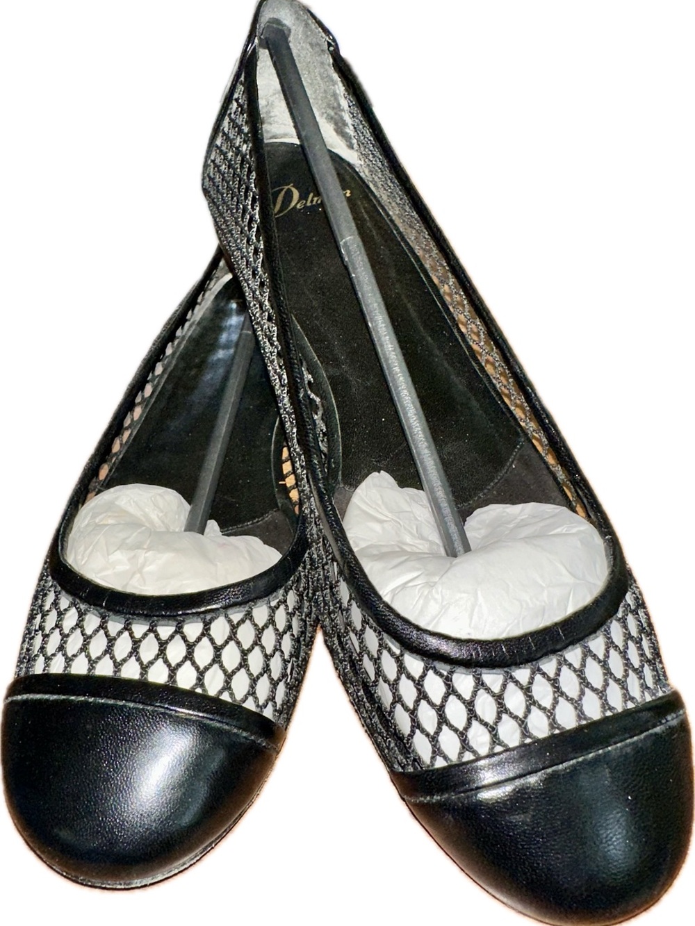 Delman Black Mesh with Cap-Toe Flats includes two Shoe Bags